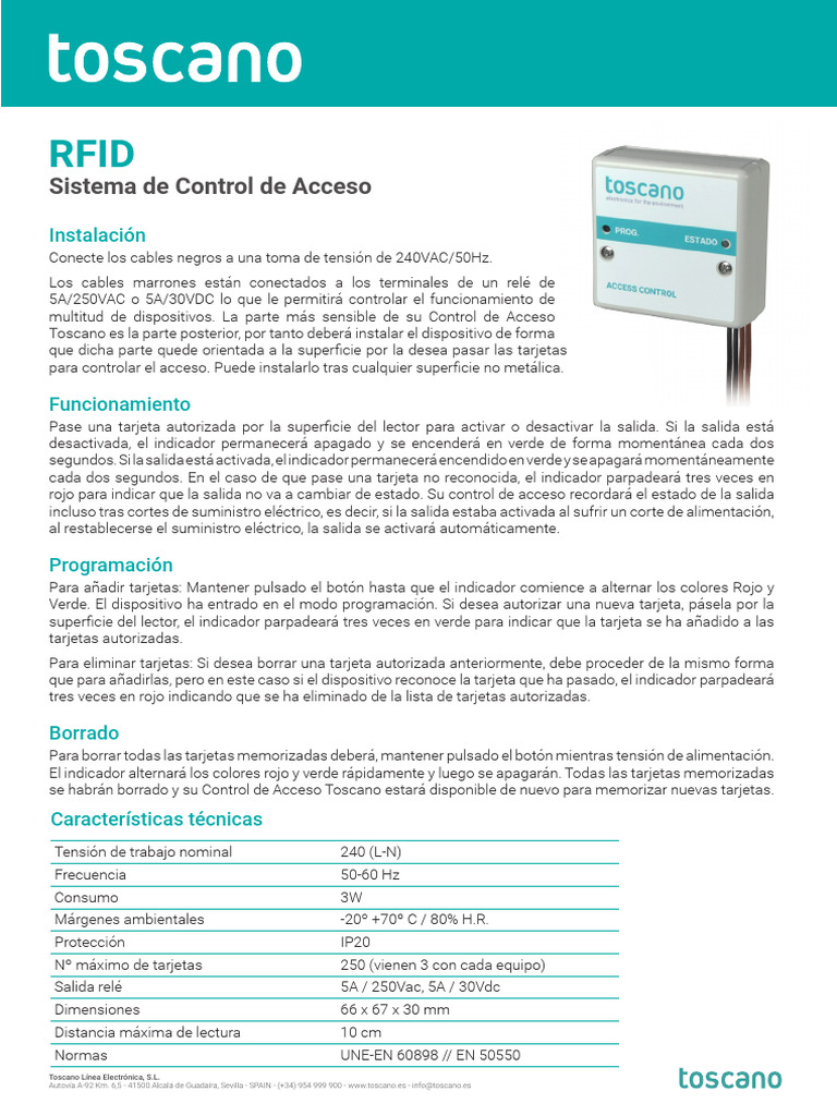 Control de Acceso RFID Toscano: Especificaciones | PDF | Relé | Electrónica