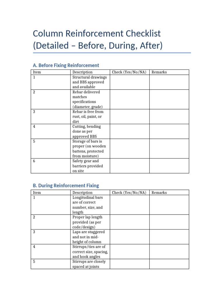 Column Reinforcement Checklist | PDF | Mechanical Engineering ...