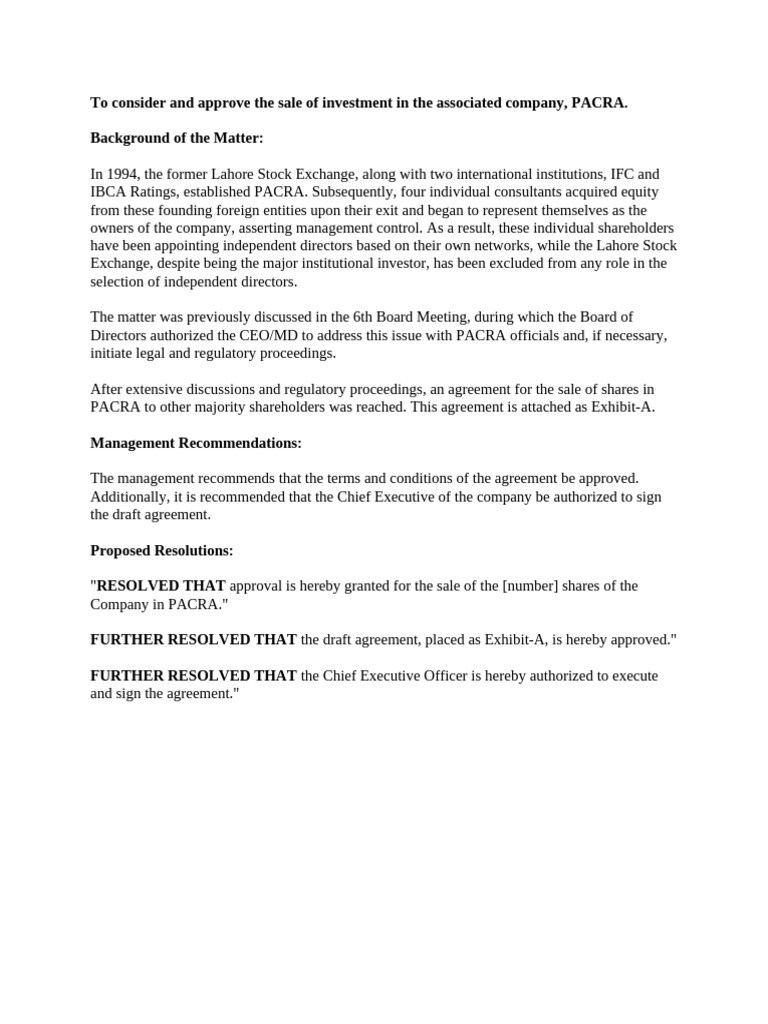 Approval for PACRA Share Sale Agreement | PDF