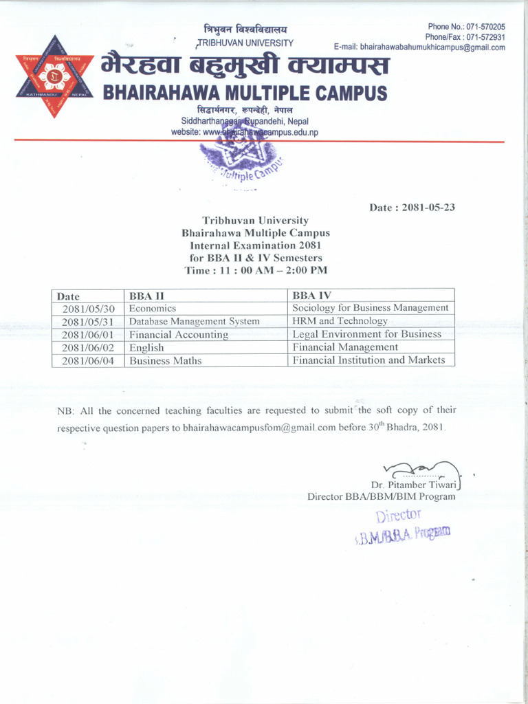 BBA II Exam Schedule 2081 | PDF