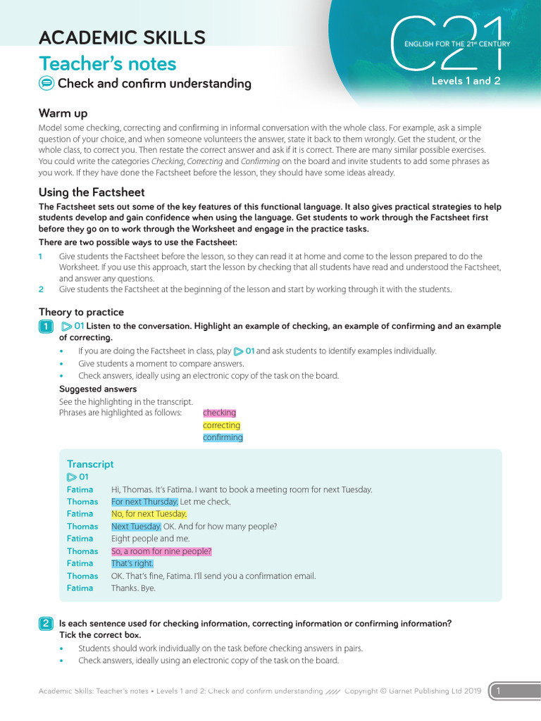 Teacher's Guide: Checking & Confirming Skills | PDF | Cognitive Science ...