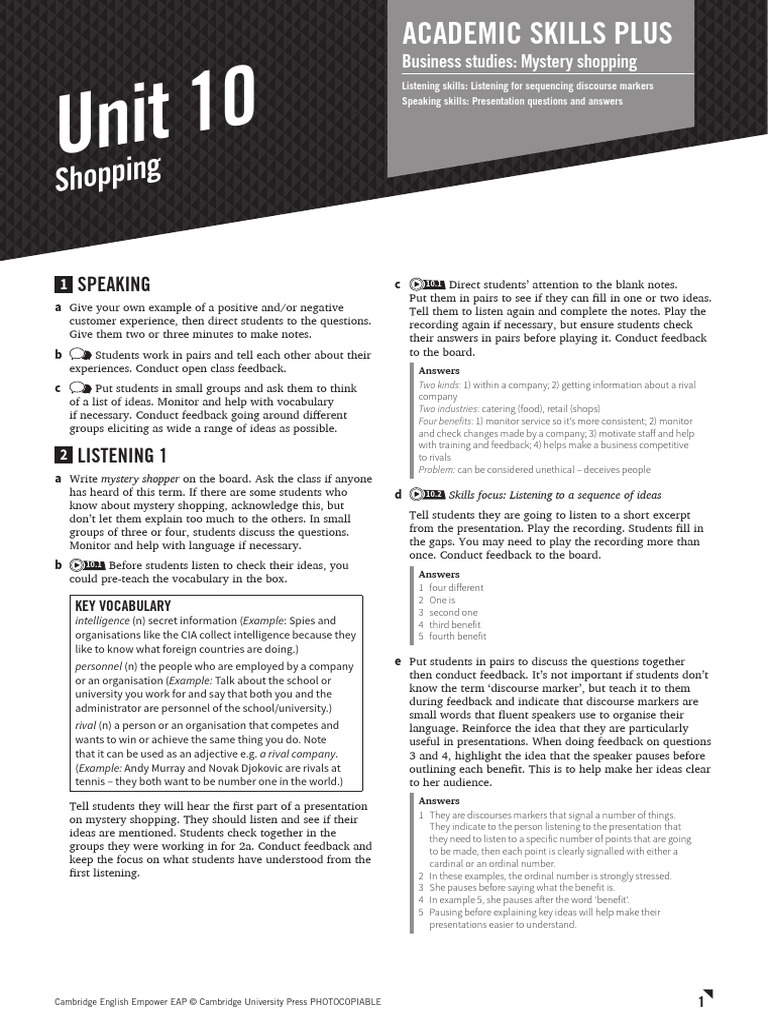 B2 Unit 10 Academic Skills Plus Teacher's Notes | PDF | Performance ...