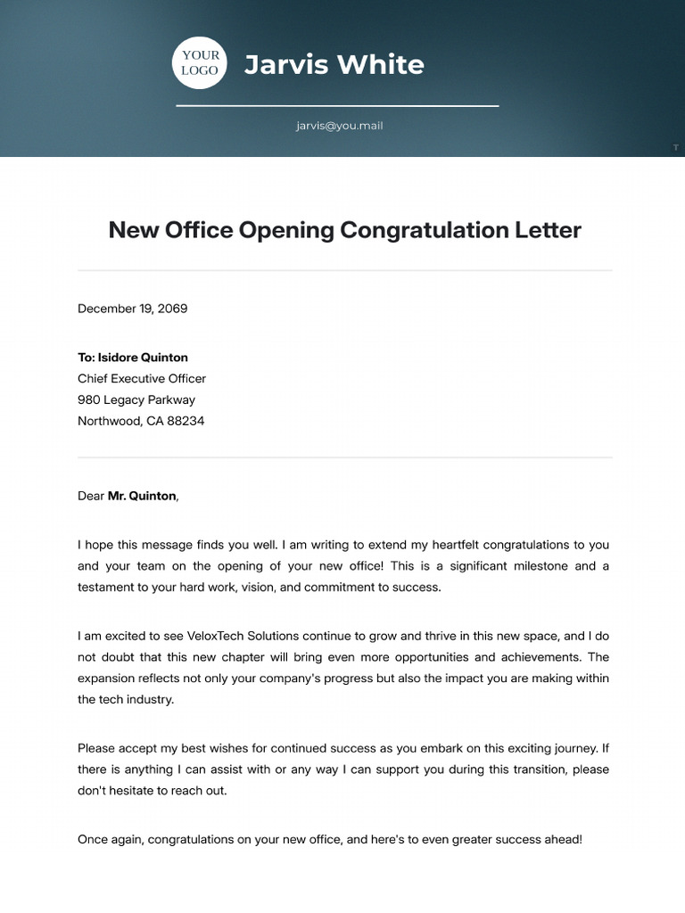 New Office Opening Congratulation Letter Template | PDF