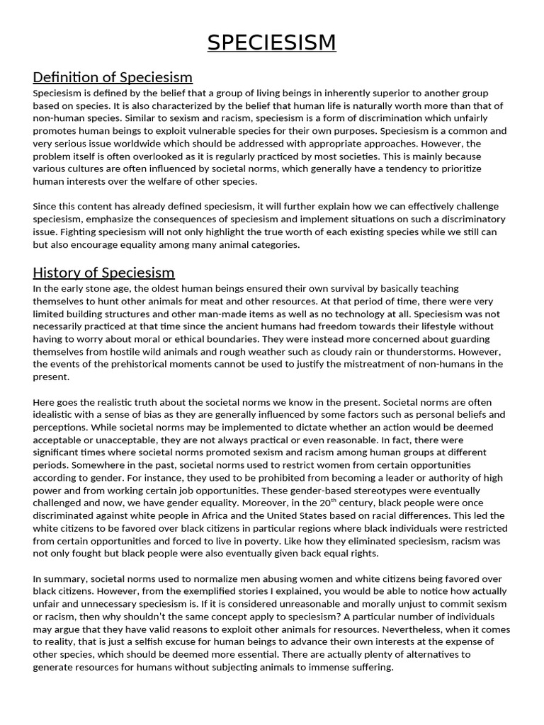 Definition of Speciesism | PDF | Racism | Discrimination & Race Relations
