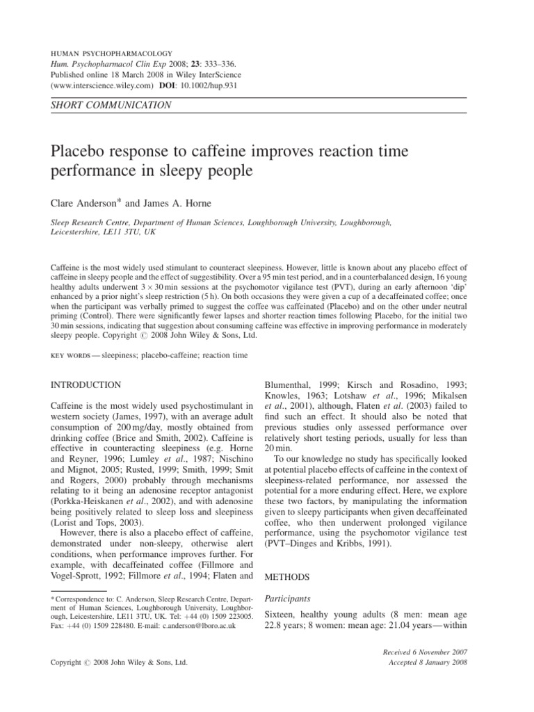 Placebo Caffeine Enhances Reaction Time | PDF | Caffeine