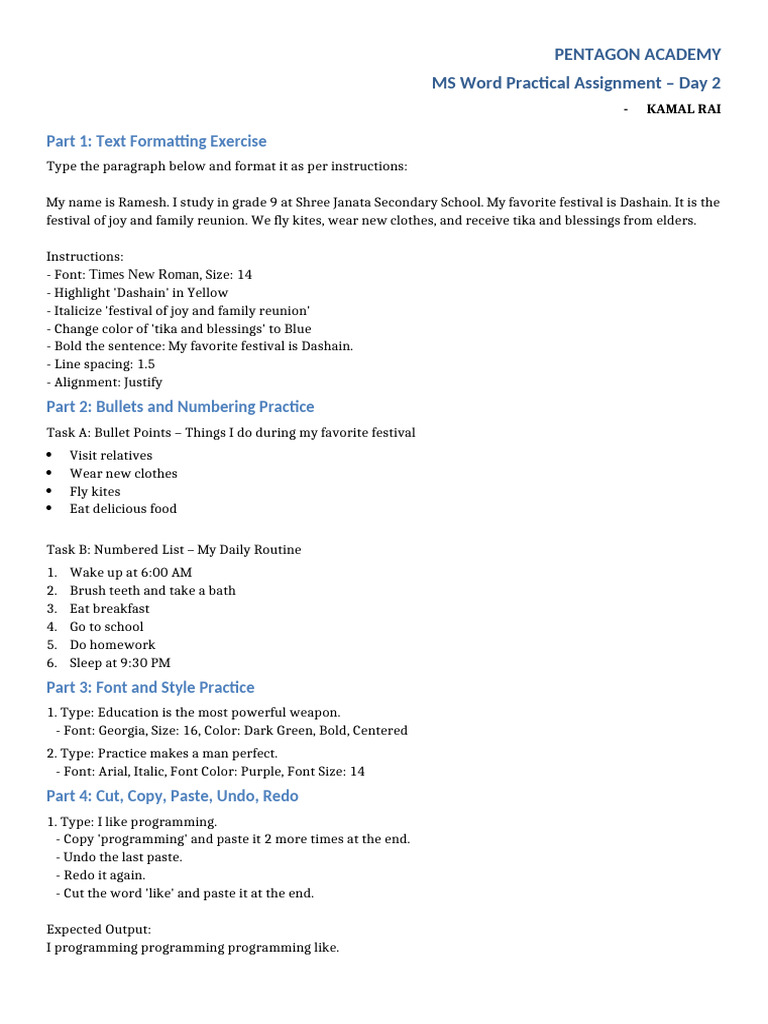 MSWord Day2 Practical Assignment | PDF