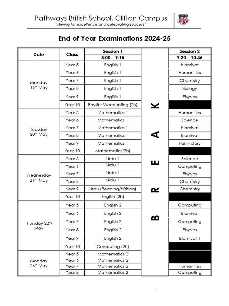 Year 5-10 Examination Timetable - May 2025 | PDF
