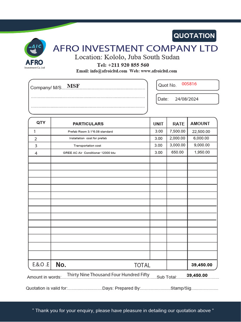 Afro Pool MSF Quotation | PDF