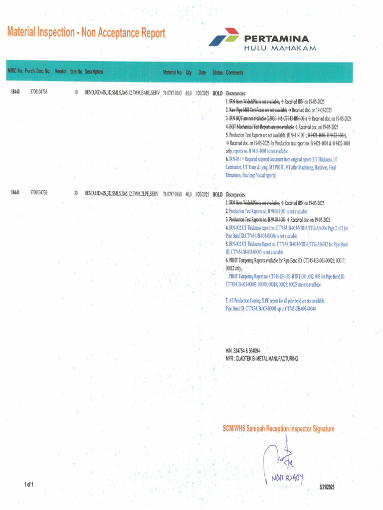 Inspection Report PO. 3700104736 & 3700115884 - Status - Hold | PDF