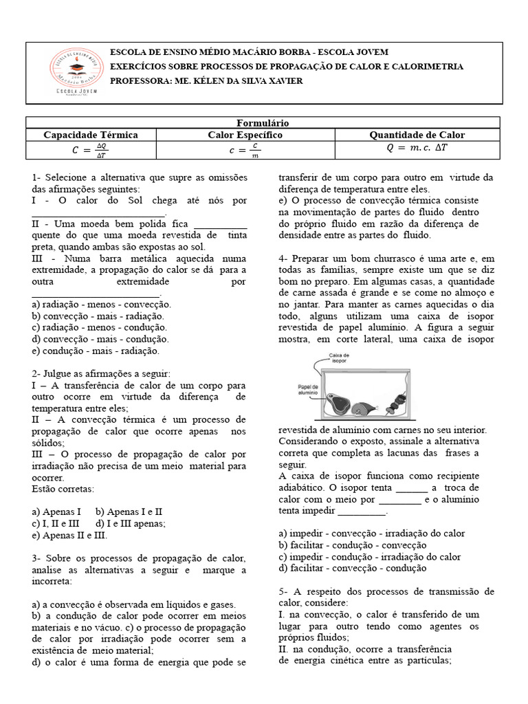 Exercícios de Propagação de Calor | PDF | Calor | Convecção