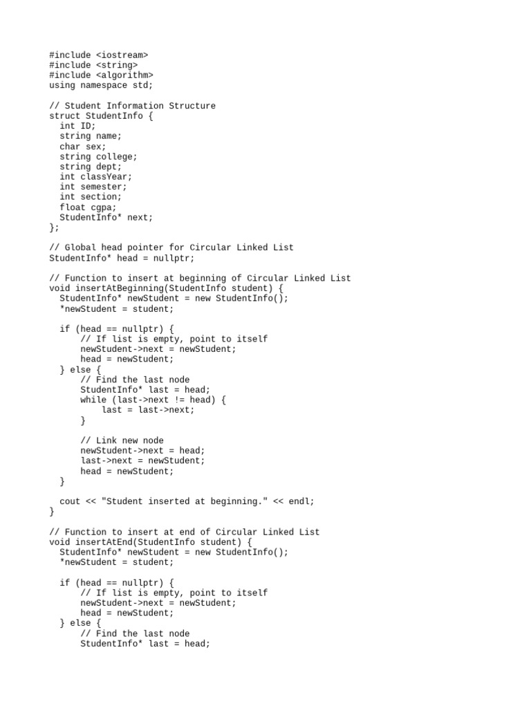Student Circular Linked List Management | PDF | Pointer (Computer ...