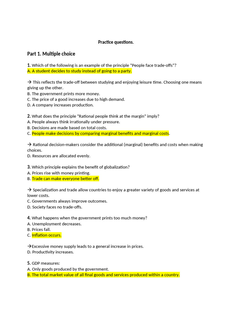 Economics Practice Questions and Answers | PDF | Cost Of Living | Inflation