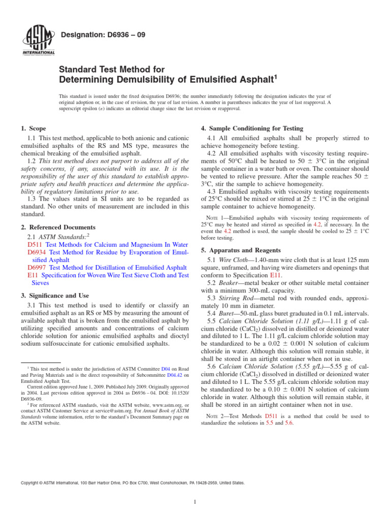 Determining Demulsibility of Emulsified Asphalt: Standard Test Method ...