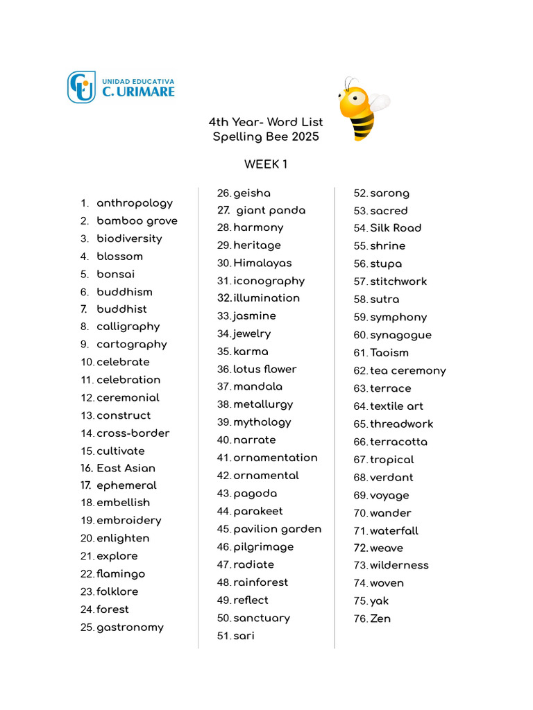 4th Year - Spelling Bee Word List | PDF