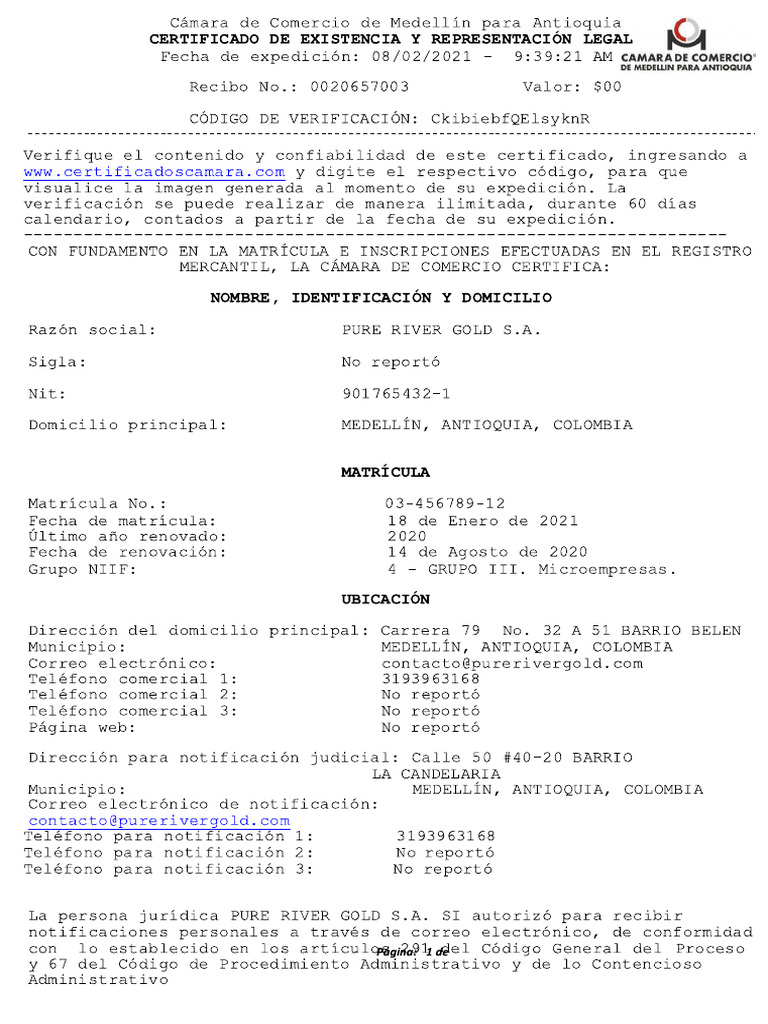 Certificado de Camara y Comercio Purerivergold | PDF