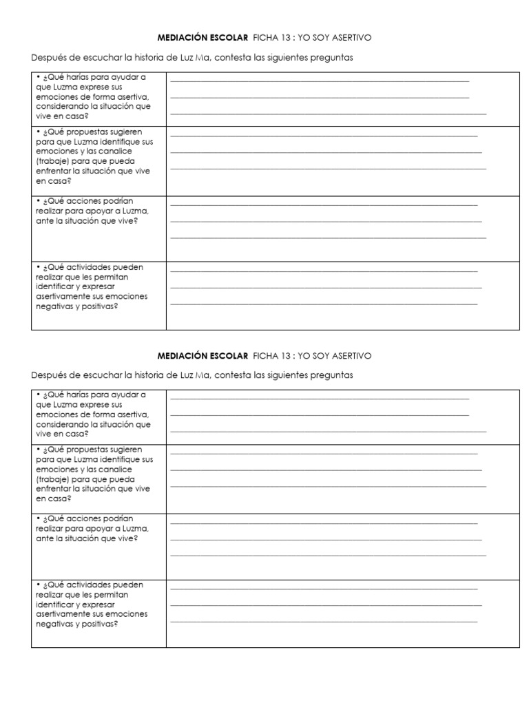 Mediación Escolar Ficha 13 Actividades | PDF | Conceptos psicologicos ...