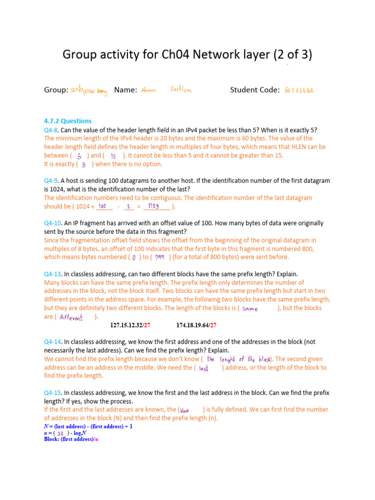 Group Activity For Chapter 04 Network Layer (Questions-Blank Ver.) (2 ...
