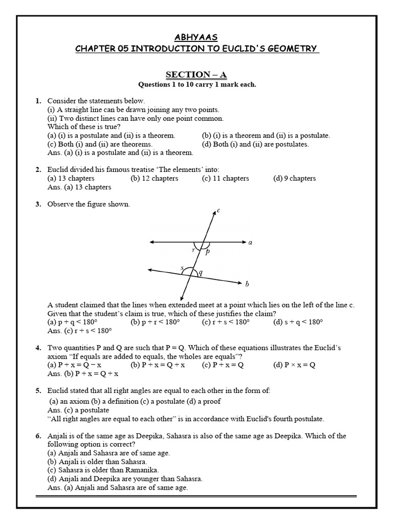 Introduction to Euclid's Geometry Quiz | PDF | Axiom | Euclid