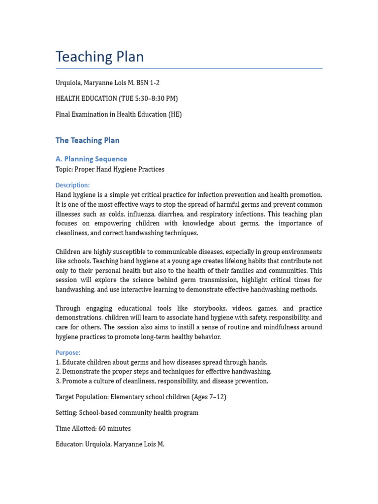 Effective Hand Hygiene Teaching Plan | PDF | Hand Washing | Hygiene