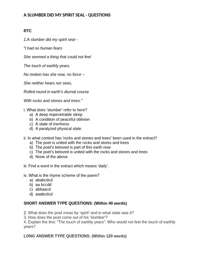 A Slumber Did My Spirit Seal: Q&A | PDF
