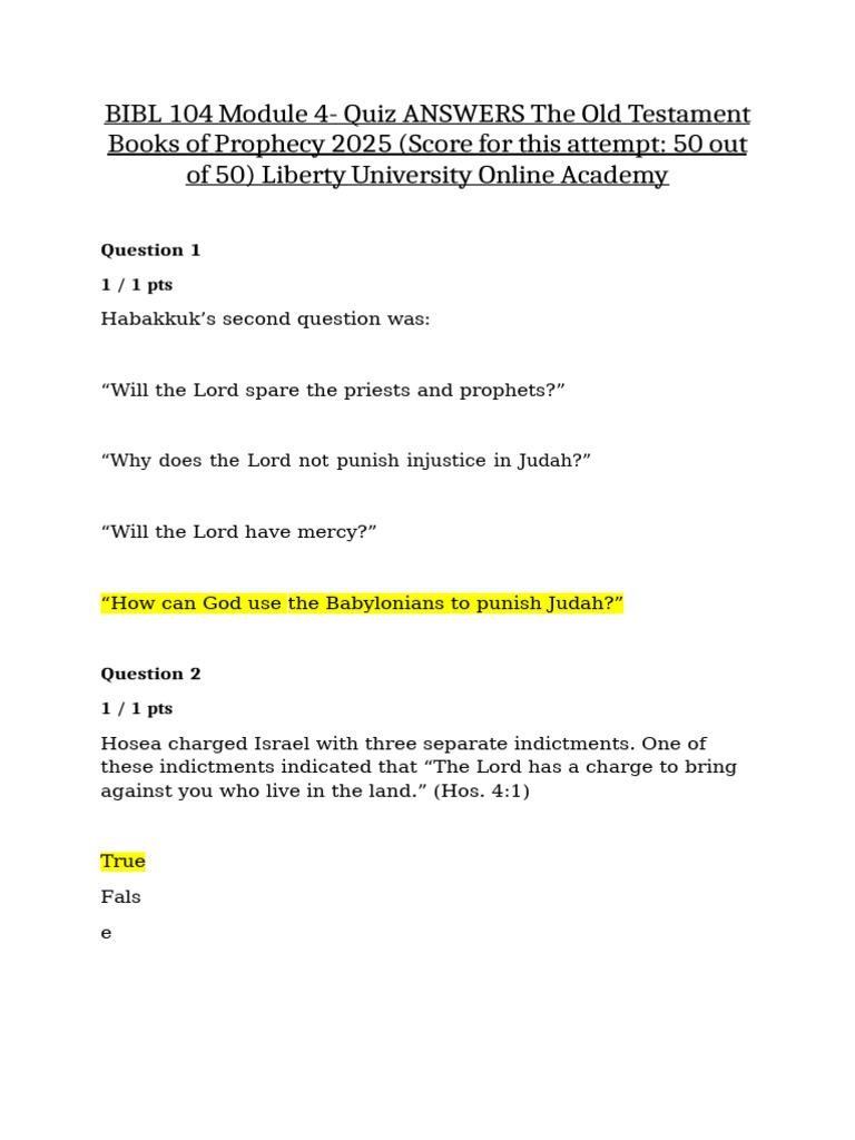 BIBL 104 Module 4 - Quiz ANSWERS The Old Testament Books of Prophecy ...