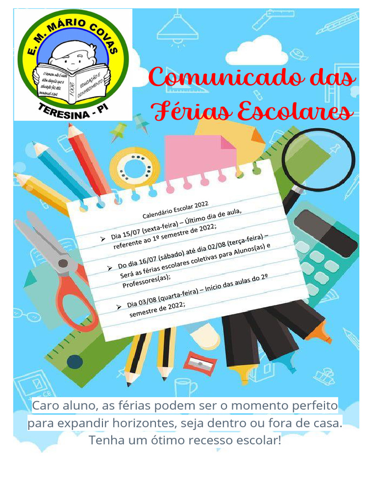 Comunicado Férias Escolares 2022 | PDF