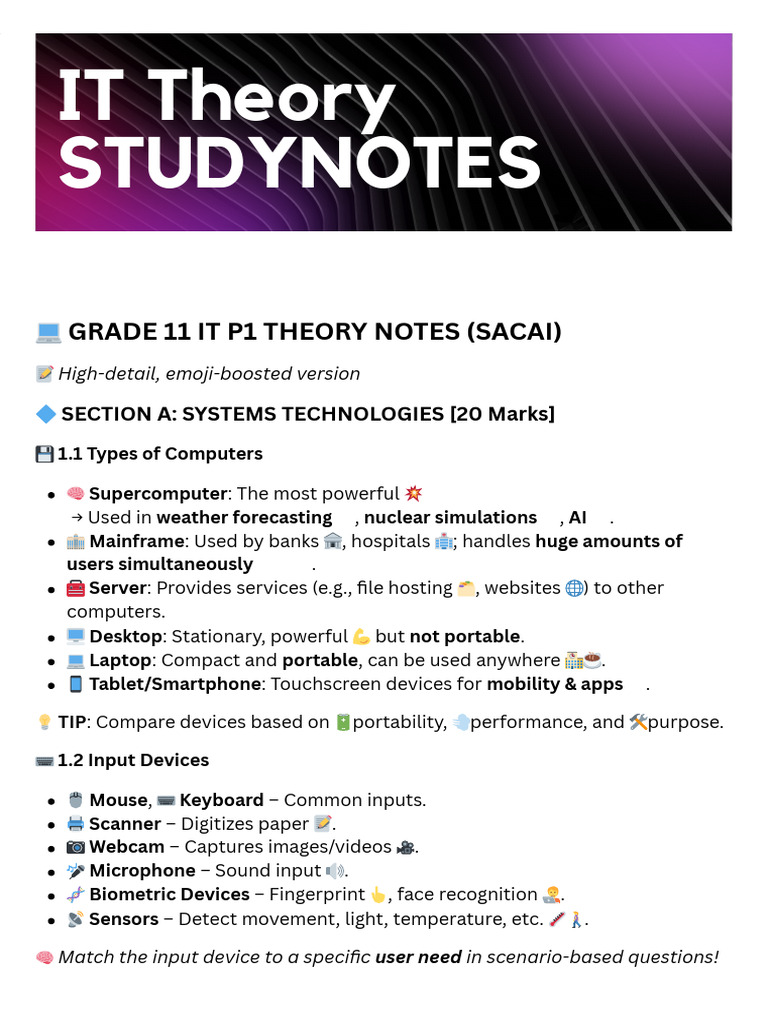 Grade 11 IT Theory Study Notes | PDF | Computer Network | Random Access ...