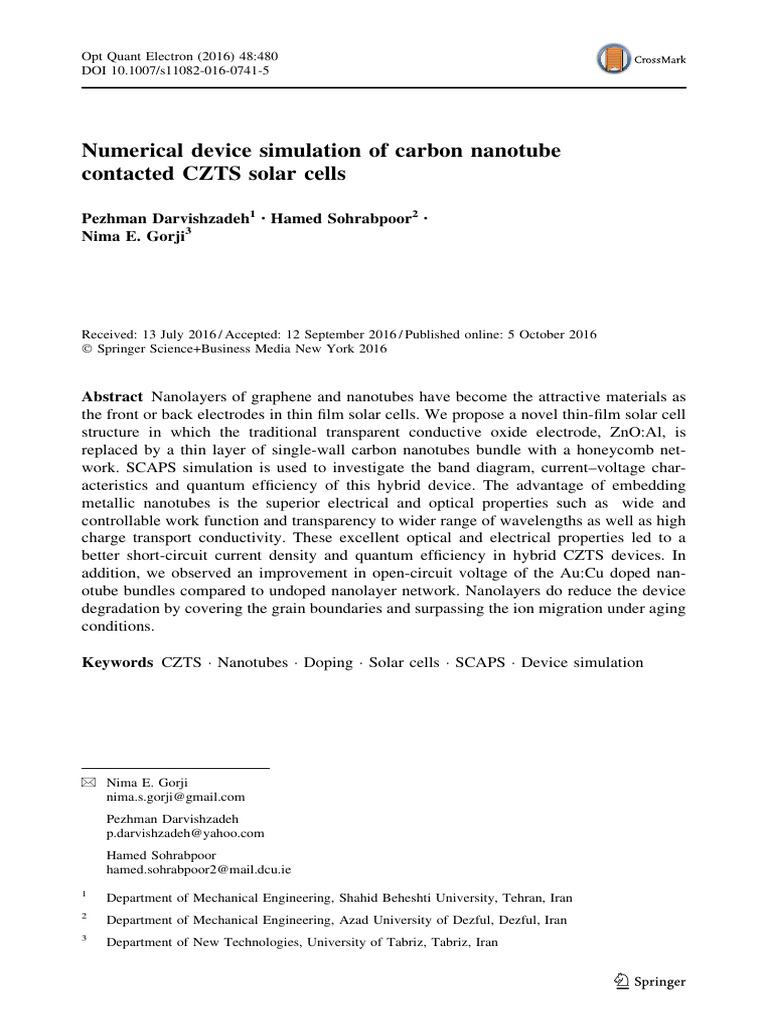 Carbon Nanotube CZTS Solar Cell Simulation | PDF | Carbon Nanotube ...