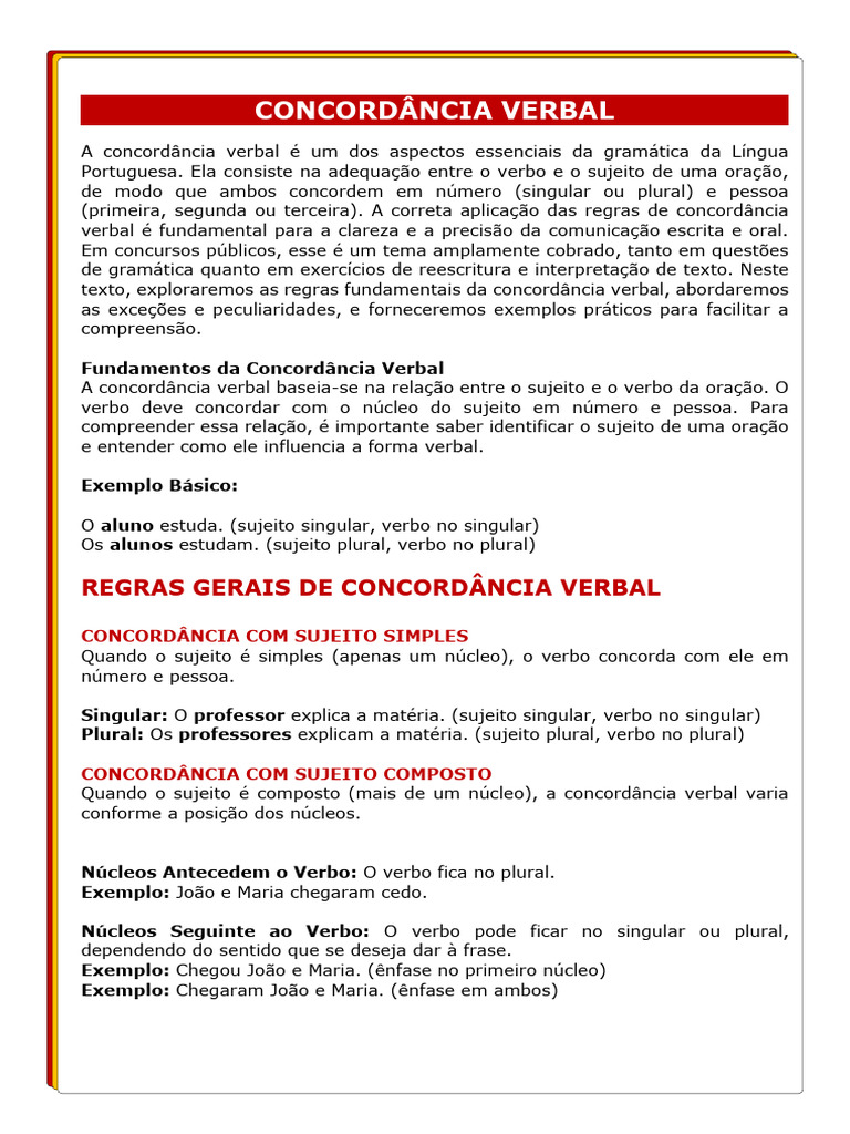 Regras de Concordância Verbal em Português | PDF | Assunto (gramática ...