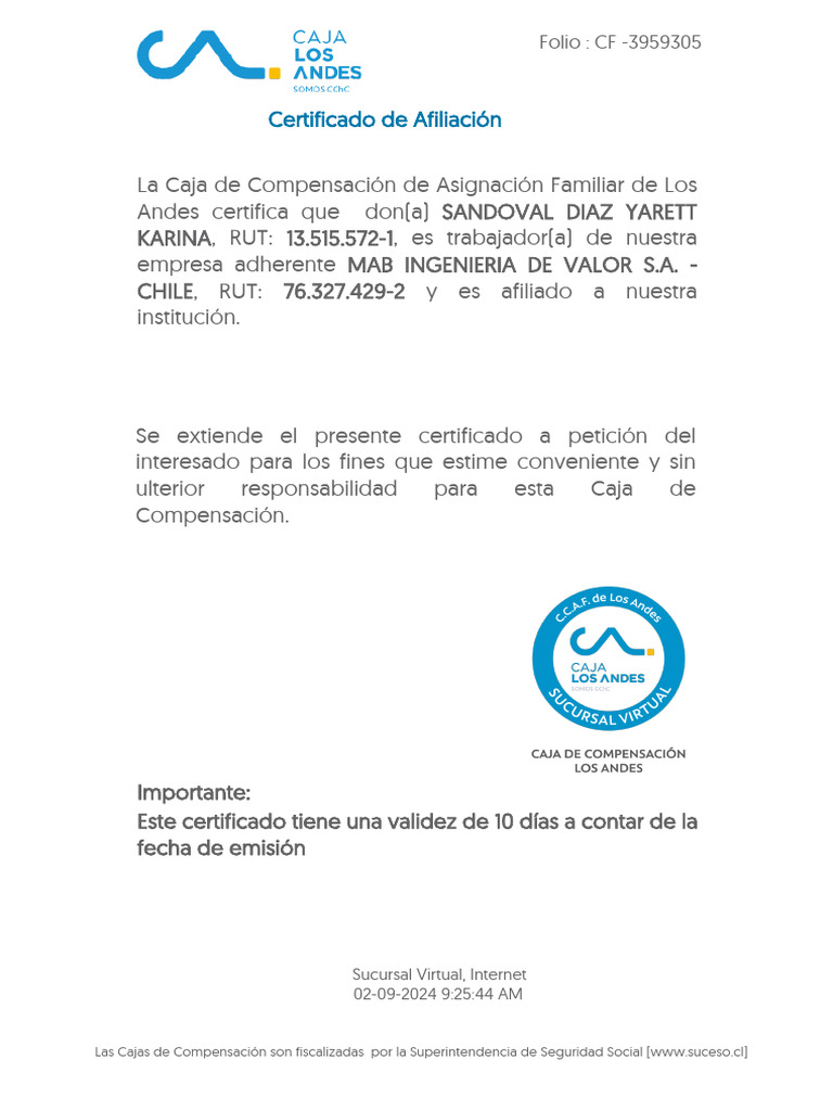 Certificado Afiliación CCAF Yarett Sandoval | PDF