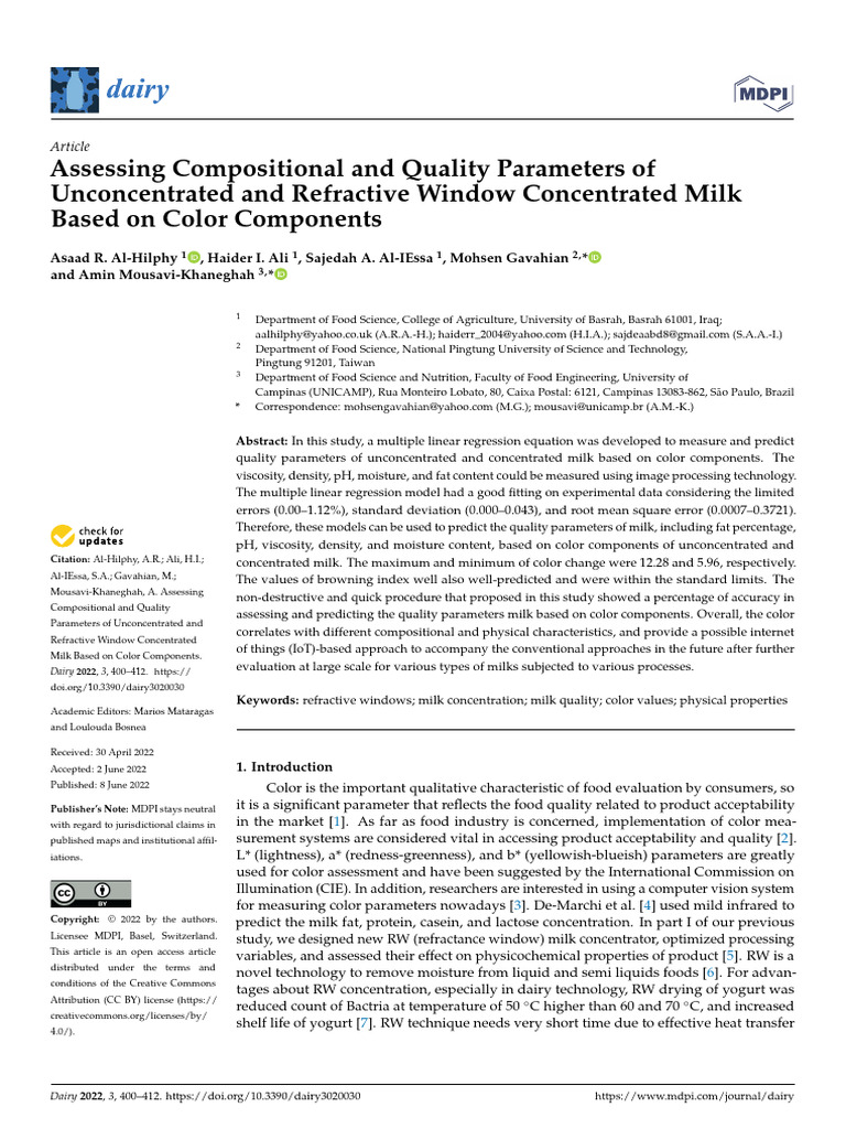 Milk Quality Assessment via Color Analysis | PDF | Regression Analysis ...