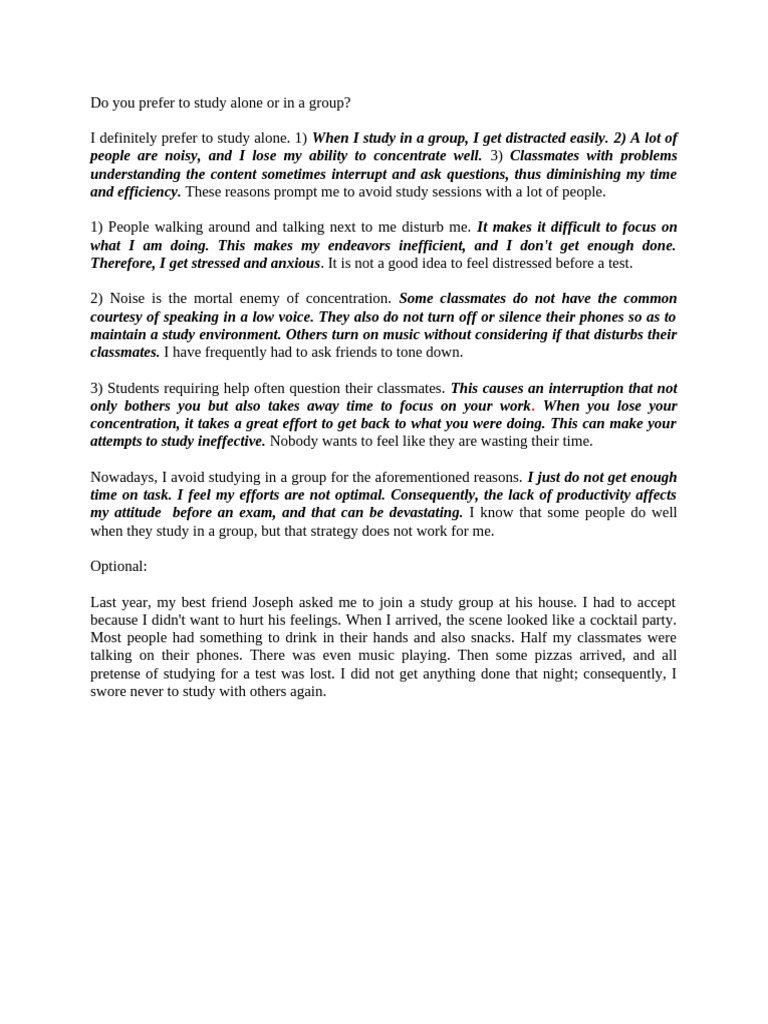 Essay Example - Studying Alone or in A Group | PDF