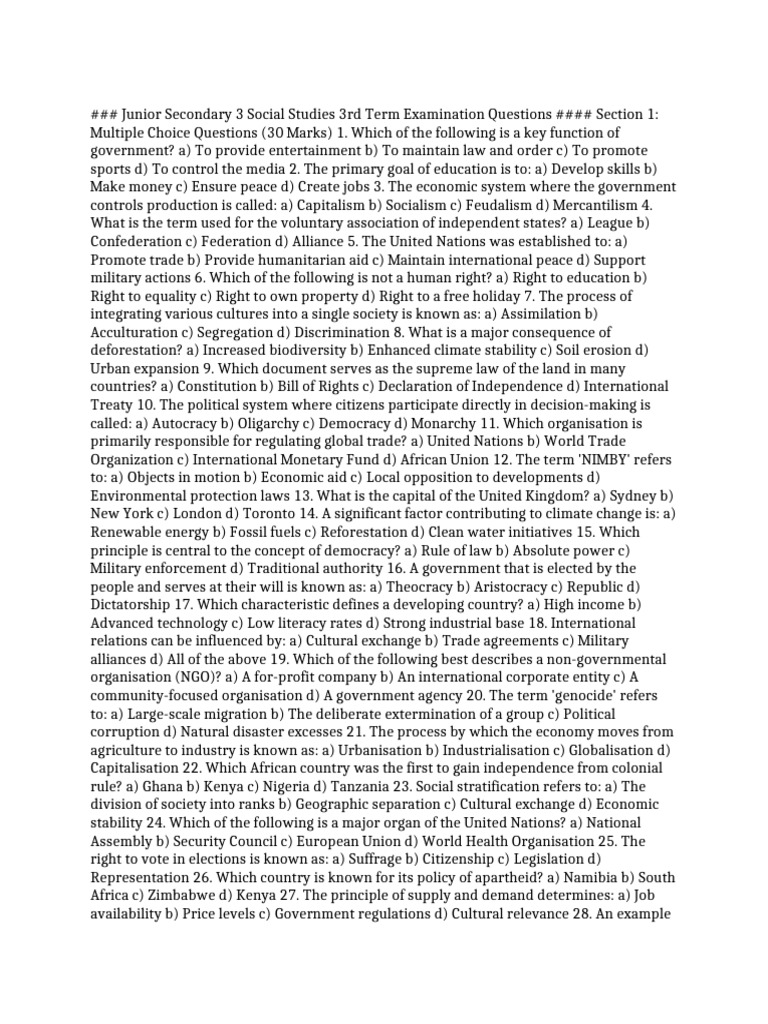 Junior Secondary Social Studies Exam Questions | PDF | Society ...