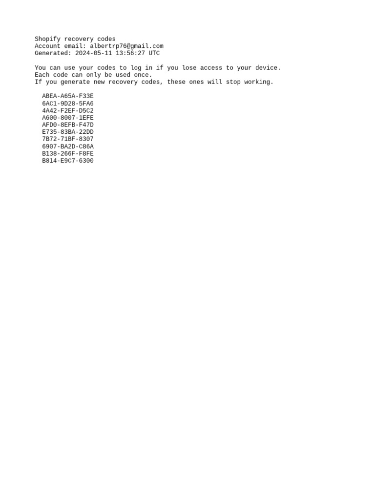 Shopify Recovery Codes List | PDF