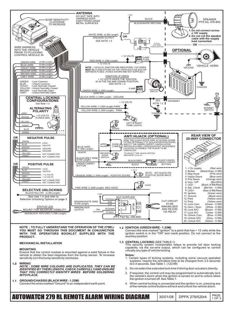 Autowatch 279 RL Alarm Wiring Guide | PDF | Switch | Equipment