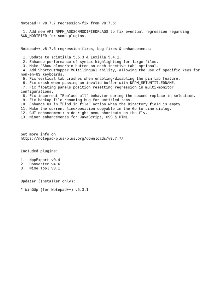 Notepad++ v8.7.7 Changelog Summary | PDF
