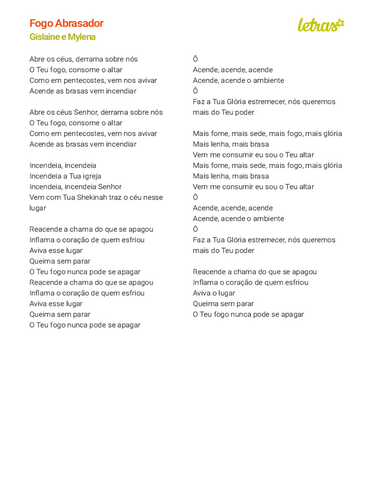 Fogo Abrasador: Letra e Louvor | PDF