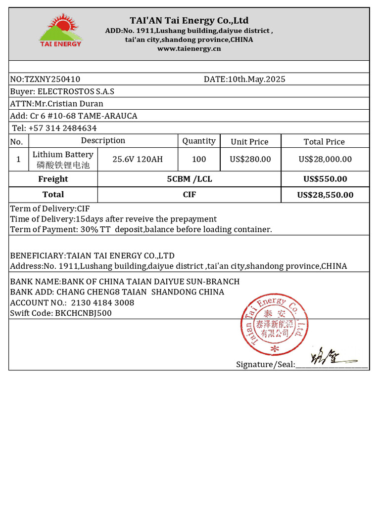 Proforma Invoice for Lithium Battery Purchase | PDF