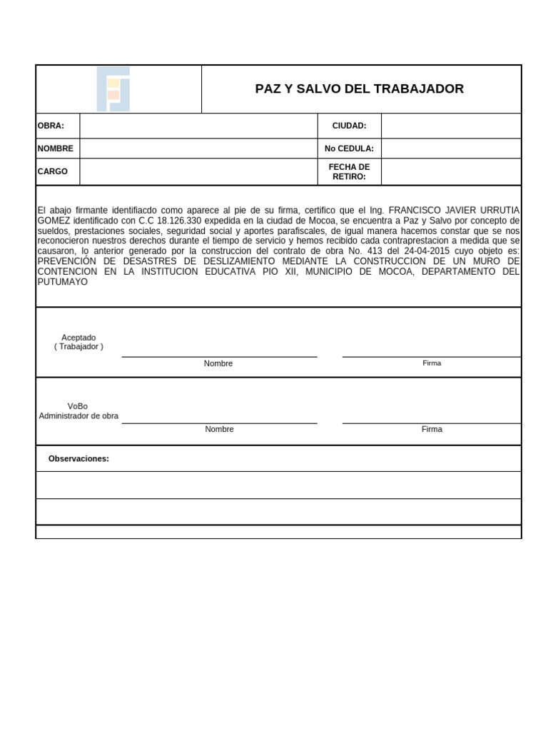 FORMATO PAZ Y SALVO XLX | PDF