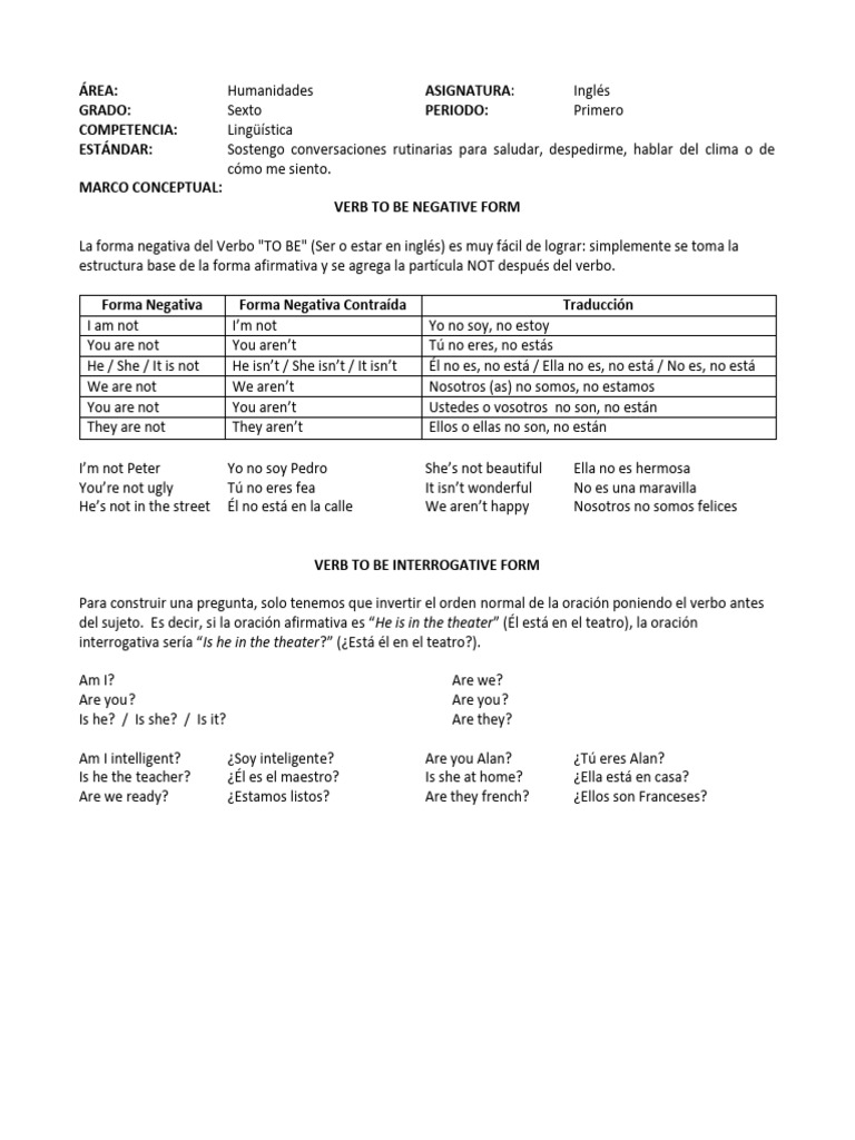 Verb To Be Negative Form | PDF