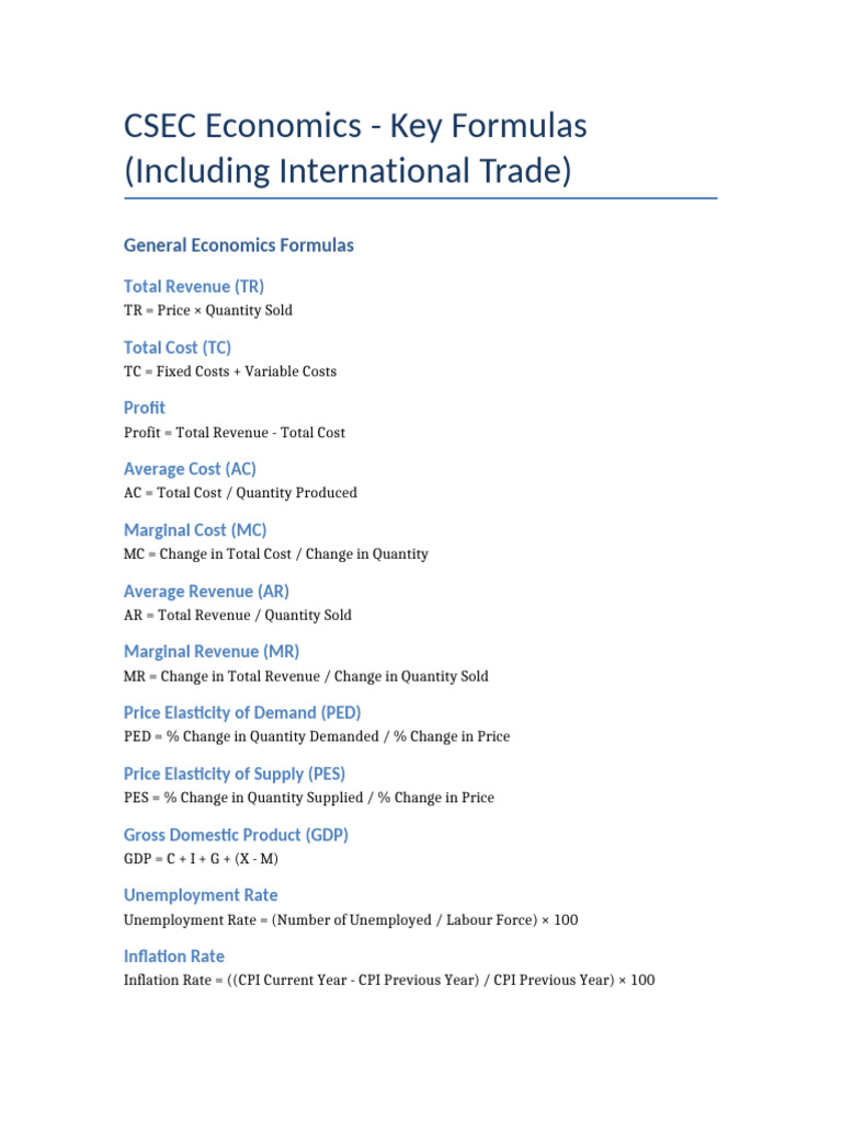 CSEC Economics Key Formulas Guide | PDF