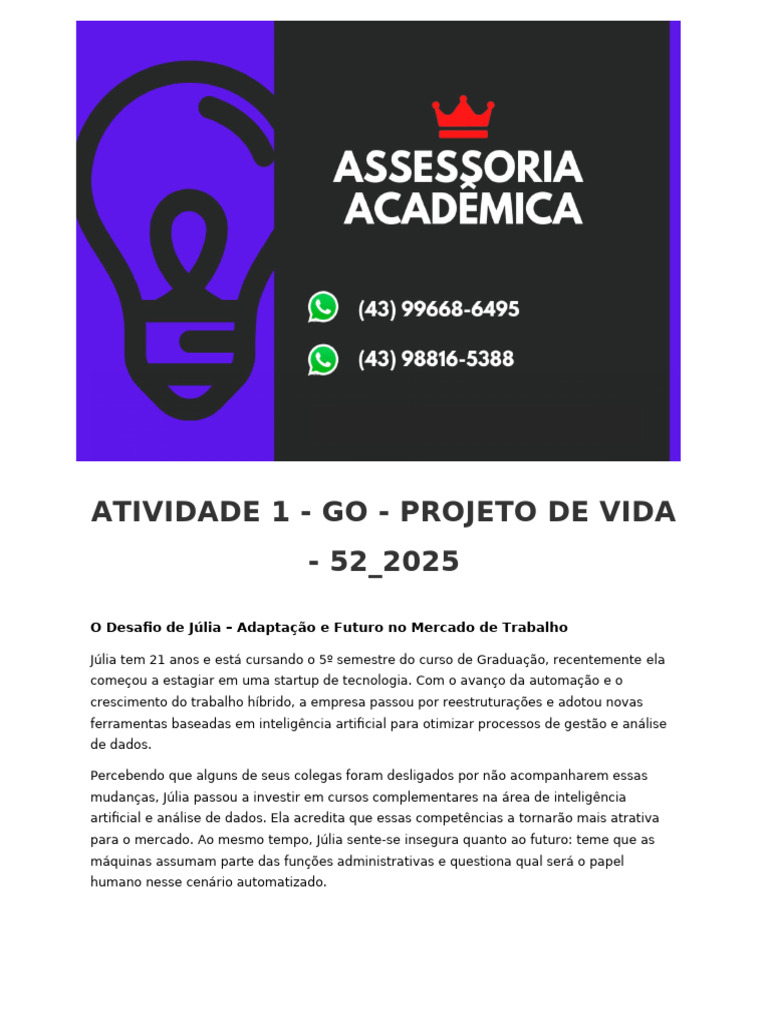 Atividade 1 - Go - Projeto de Vida - 52 - 2025 | PDF
