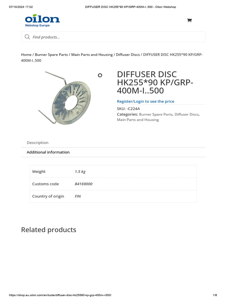 DIFFUSER DISC HK255 - 90 KP - GRP-400M-I..500 - Oilon Webshop | PDF ...