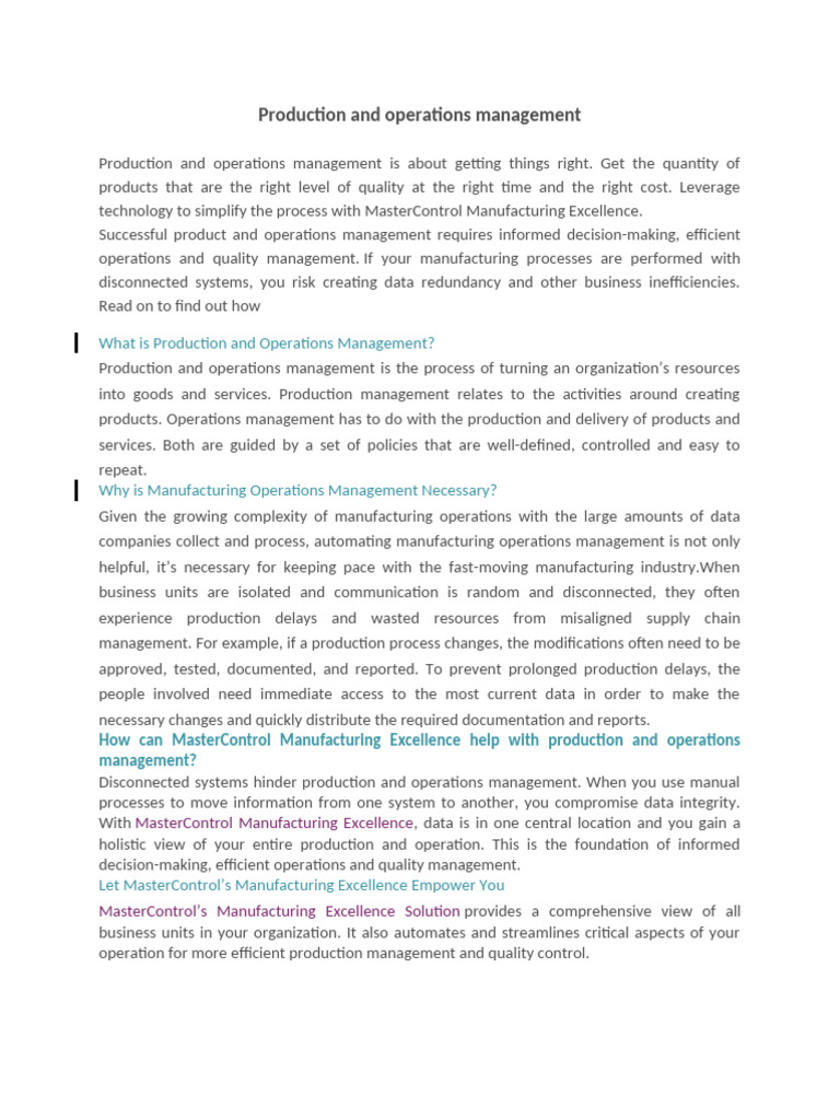 Mastering Production Operations Management Pdf Quality Management