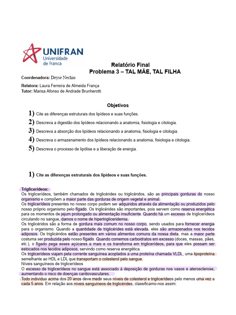 Cópia de Relatório 3 - Tal mãe tal filha (lipídeos) 2 | PDF