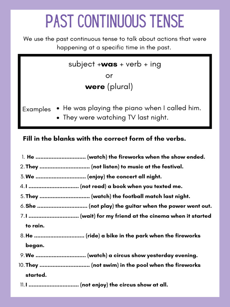 Past Continuous Tense Worksheet in Purple White Basic Style | PDF