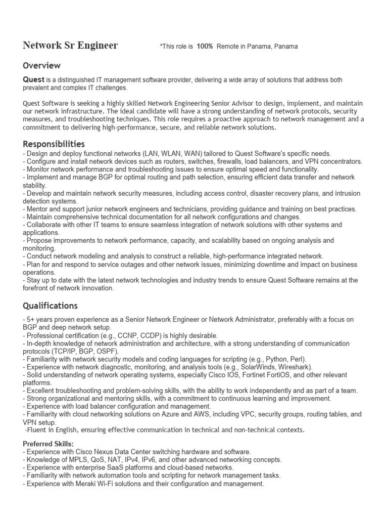 Job Description Network SR Engineer-1 | PDF | Computer Network | Security