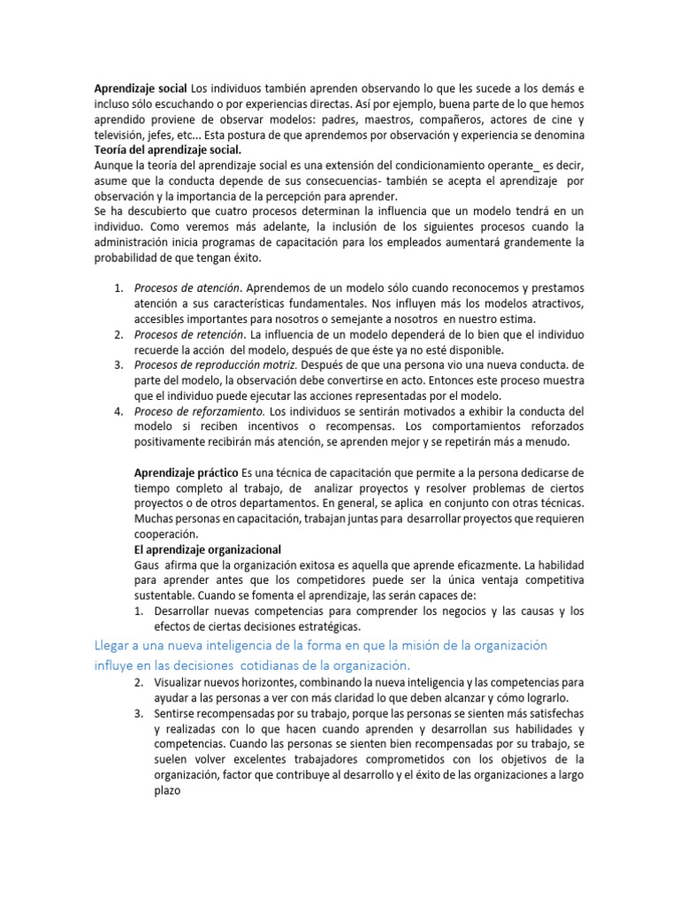 Teoría del Aprendizaje Social y Modelamiento | PDF | Aprendizaje ...