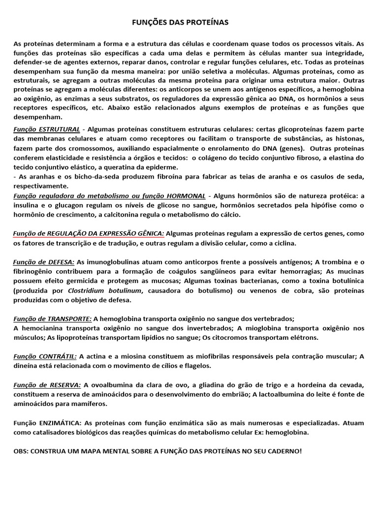 Funções das Proteínas no Organismo | PDF | Proteínas | Célula (Biologia)