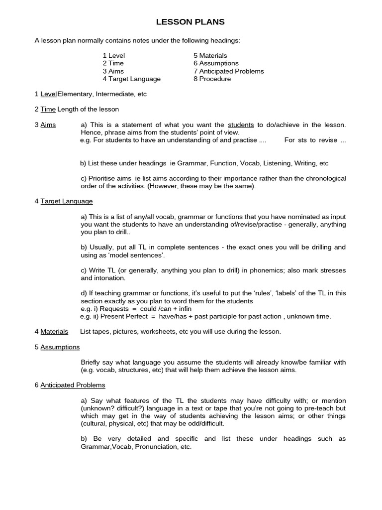 Lesson Planning Handout | PDF | Vocabulary | Sentence (Linguistics)